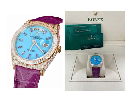 Rolex Purple Strap Blue Dial Factory Daydate Diamonds 128458tbr